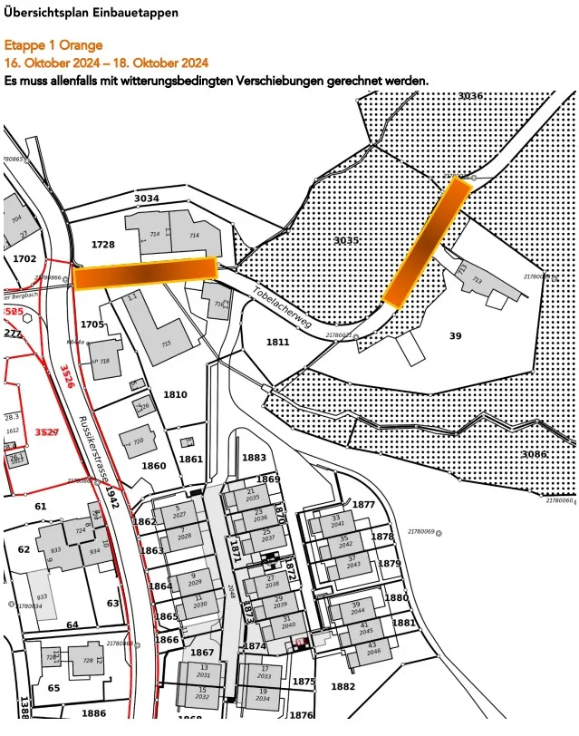 Die Arbeiten erfolgen an den orange markierten Stellen. Ein Strassenplan.